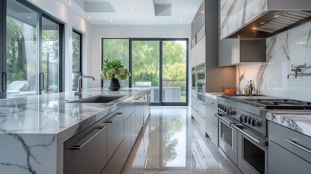 A large modern kitchen with marble countertops and stainless steel appliances