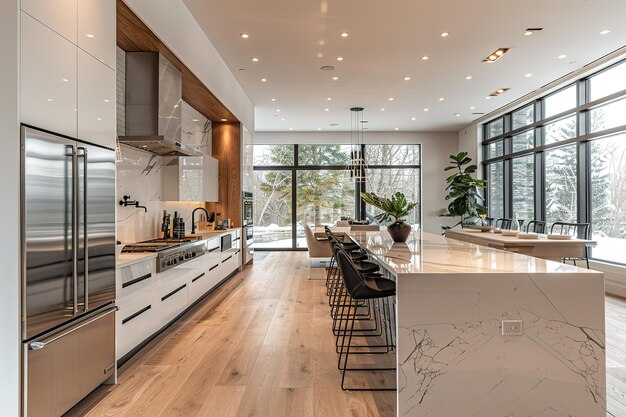 Photo a large modern kitchen with a white counter and a black bar