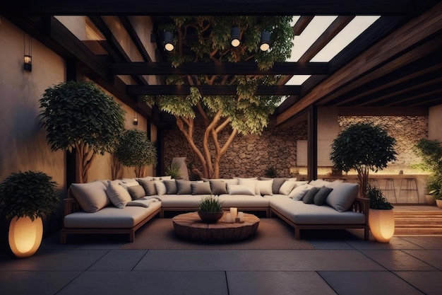 Large modern patio with comfortable sofas and illumination created with generative ai