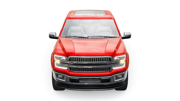 A large modern pickup truck with a double cab, glowing headlights on a white uniform background. 3d rendering.