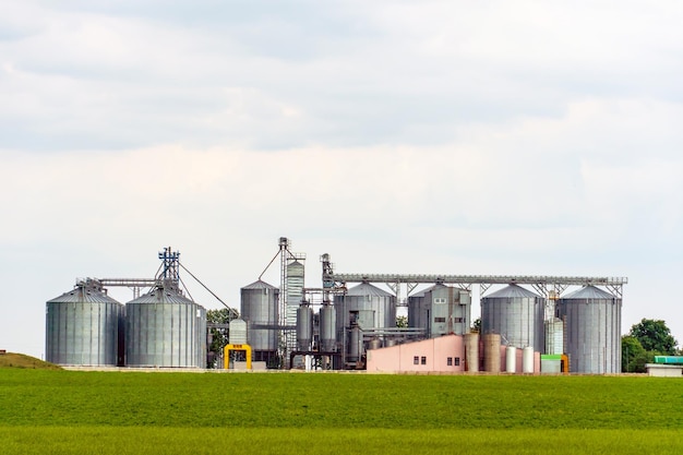 A large modern plant for the storage and processing of grain crops view of the granary on a sunny day against the blue sky End of harvest season silver silos on agro manufacturing plant