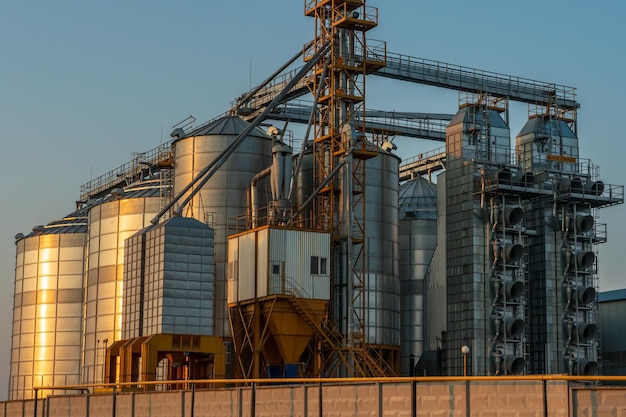 A large modern plant for the storage and processing of grain crops view of the granary on a sunny day against the blue sky End of harvest season