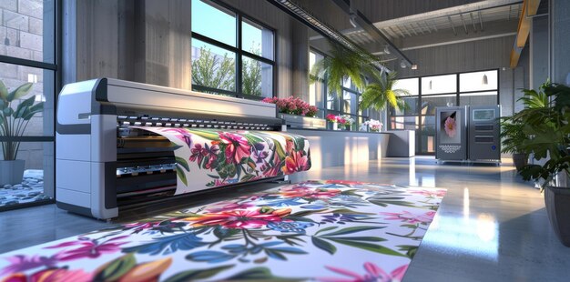 Photo a large modern printer printing colorful fabrics with flowers on them in the office of an advertising agency the rendering is in the style of photorealism