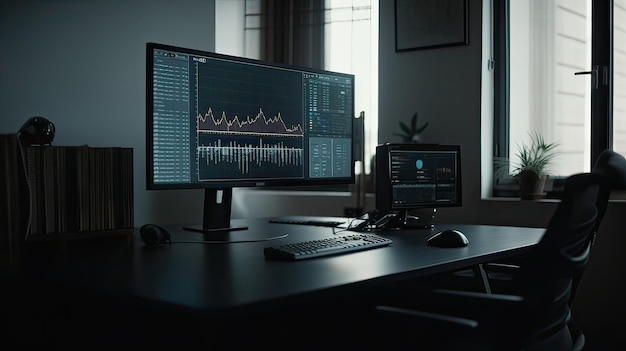 A large monitor on a desk with a monitor displaying a graph.