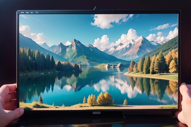 A large monitor with a mountain scene on the screen