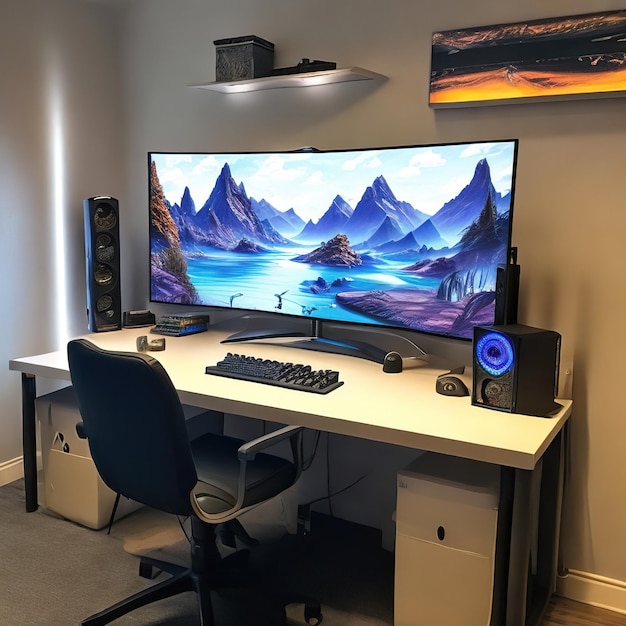 A large monitor with a picture of a mountain scene on it