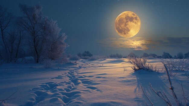 Photo a large moon is shining brightly in the sky over a snowy field the scene is peaceful and serene with