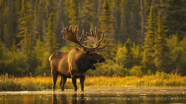 A large moose stands in a forest near a body of water