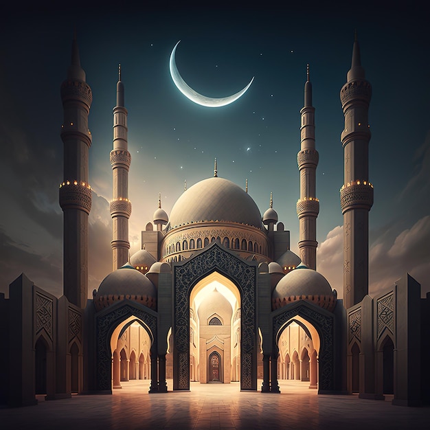 A large mosque with a crescent moon in the background.