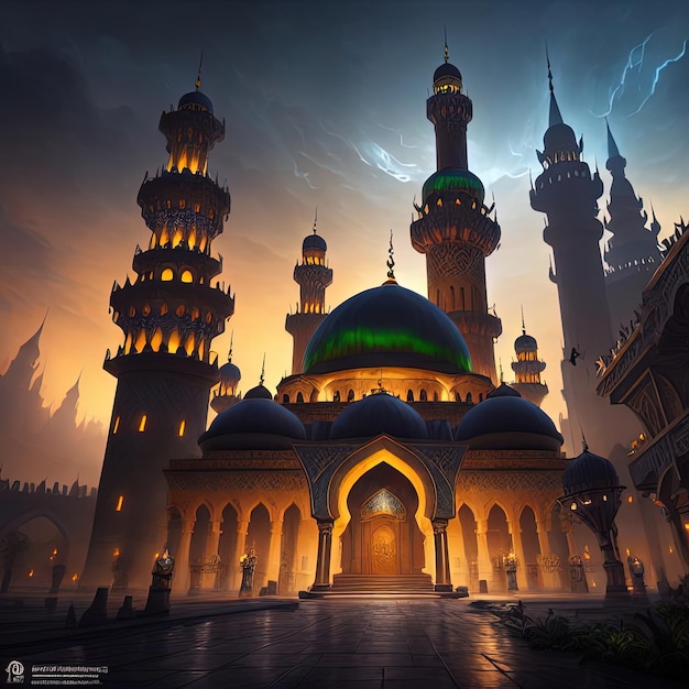 A large mosque with a green dome and a dark sky with lightning