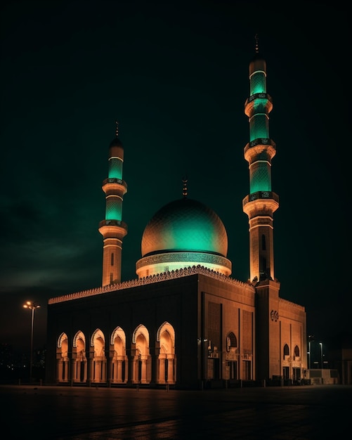 A large mosque with a green dome and a light on the top