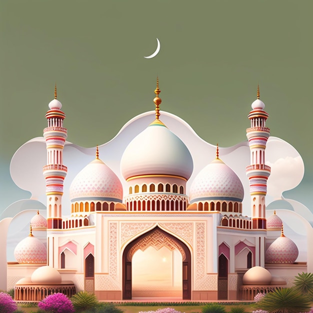 A large mosque with a green field and a moon in the background.