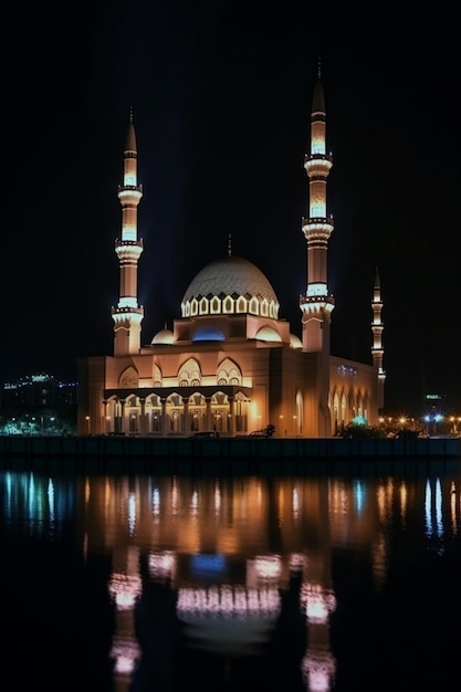 A large mosque with lights on in the dark