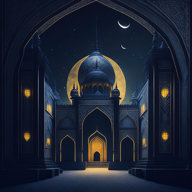 A large mosque with a moon in the background