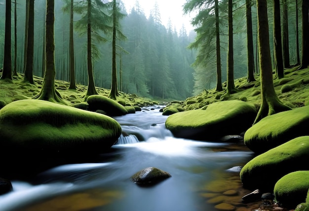 Large mosscovered rocks stacked in a forest with a small stream flowing around them