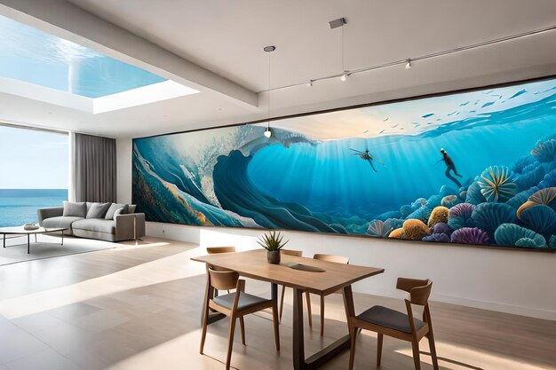 A large mural of a tropical ocean with a whale on the wall