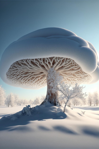 Large mushroom like tree in the middle of a snow covered field generative ai