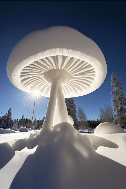 Large mushroom sitting on top of a snow covered ground generative ai