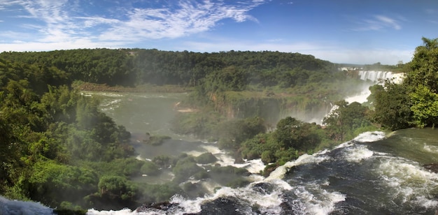 Large nature panorama of Iguacu Iguazu waterfall cascade on border of Brazil and Argentina