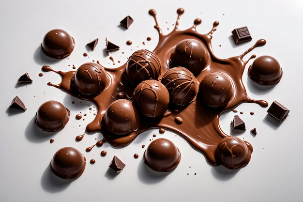 A large number of chocolate balls splashed against the white background