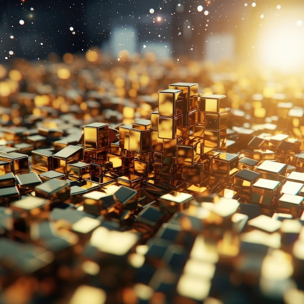 A large number of gold cubes are scattered on a dark background.