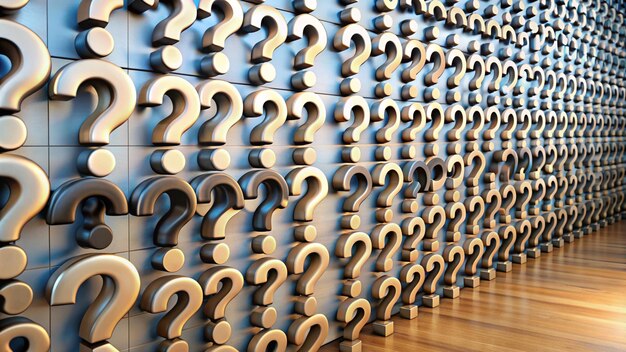 Photo a large number of question marks are lined up in a row of silver metal bolts