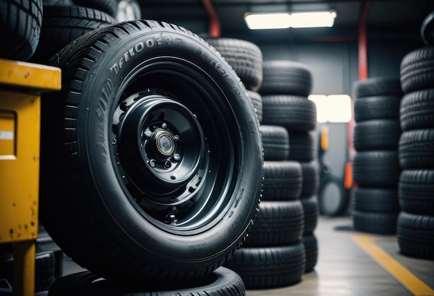 Photo a large number of tires are stacked in a warehouse