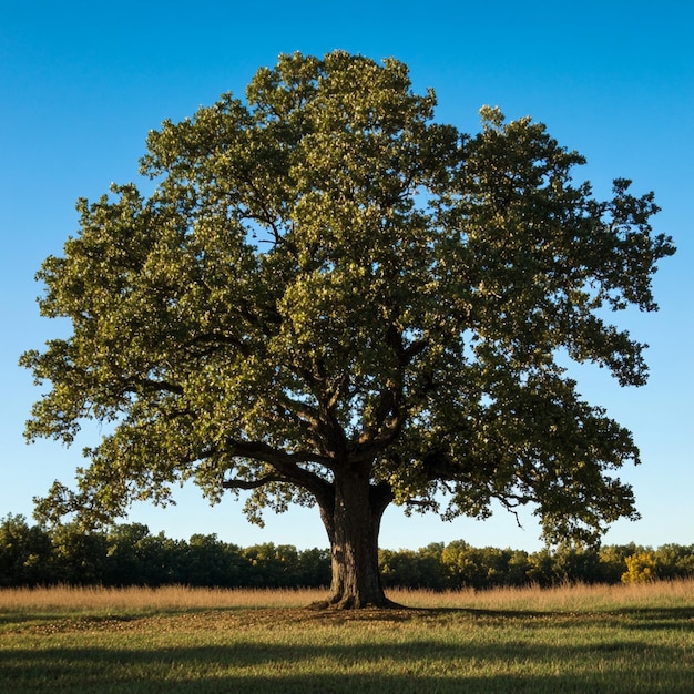 Photo a large oak tree is in a field with a blue sky in the background