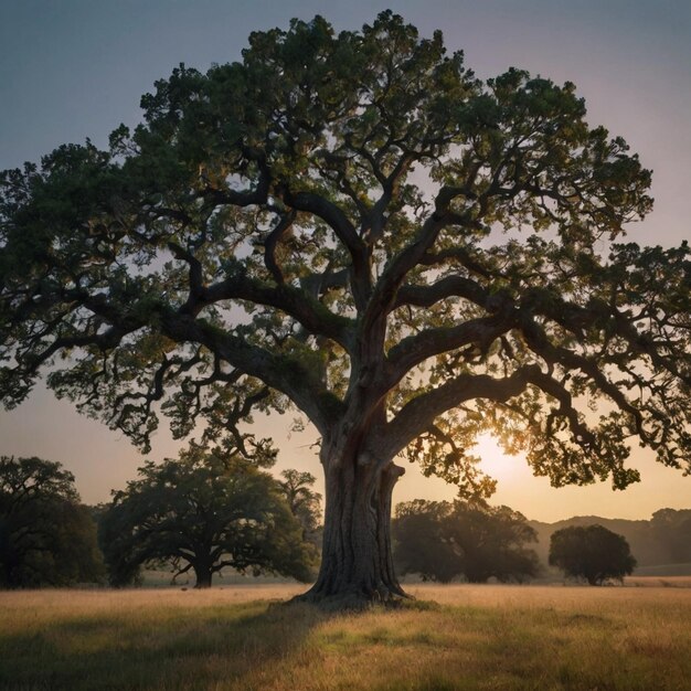 a large oak tree is in a field with the sun behind it