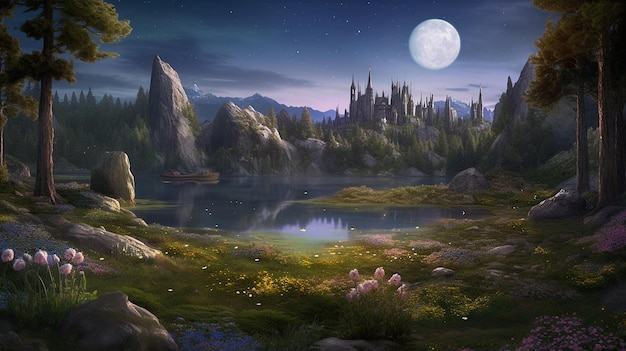 Large Oak woods mossy stones lake flowers in bloom moon wallpaper AI Generated Image