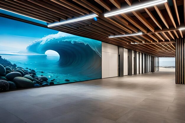 A large ocean wave is projected onto the wall of a large ocean cave.