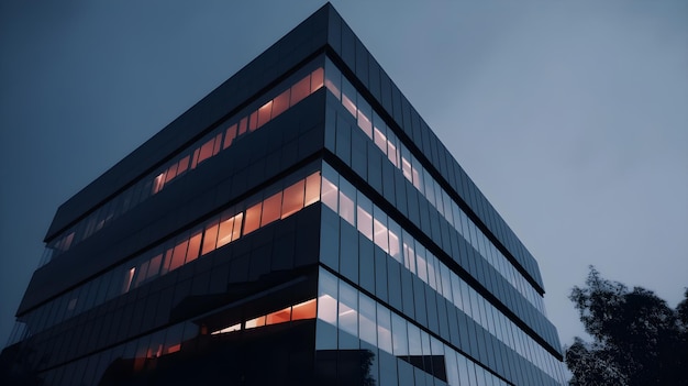 A large office building with a black facade and the windows lit up at night.