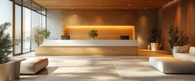 Photo large office interior with reception desk lounge corner