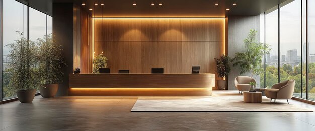 Photo large office interior with reception desk lounge corner