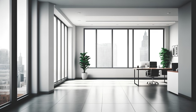 A large office space with a large window