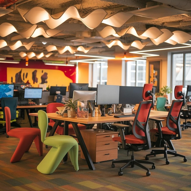 A large office with a banner that says the moon on the wall