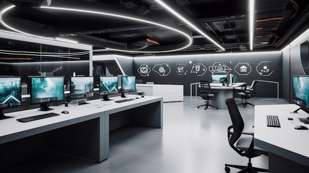 A large office with a black wall with a sign that says'tech'on it