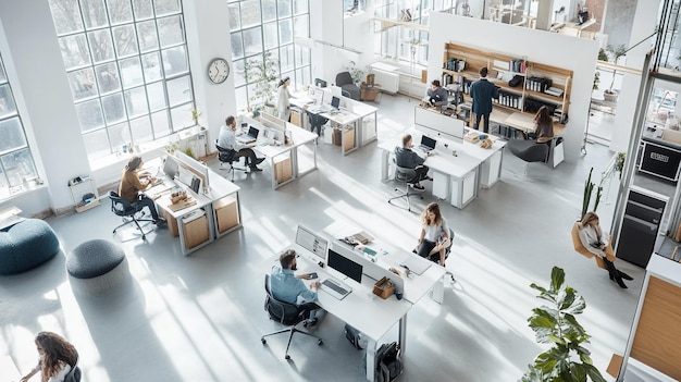 a large office with a clock on the wall above it