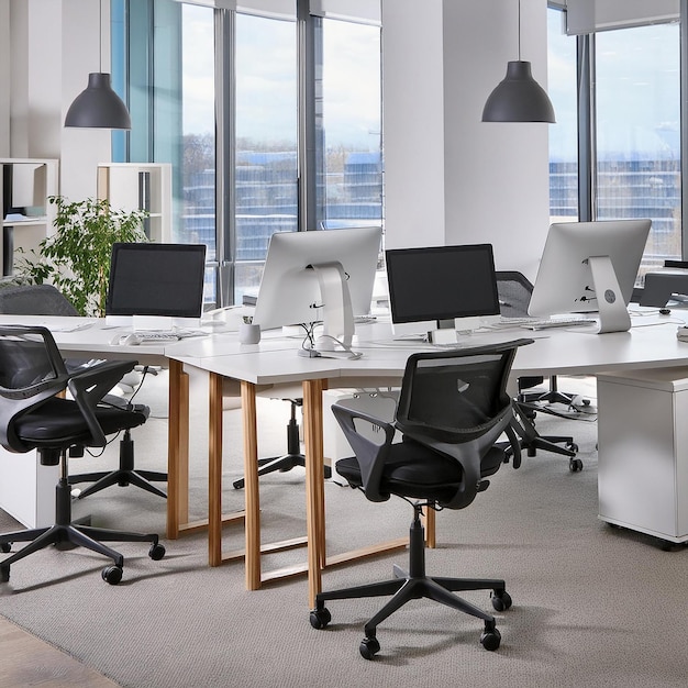 a large office with a desk and chairs with a computer on it