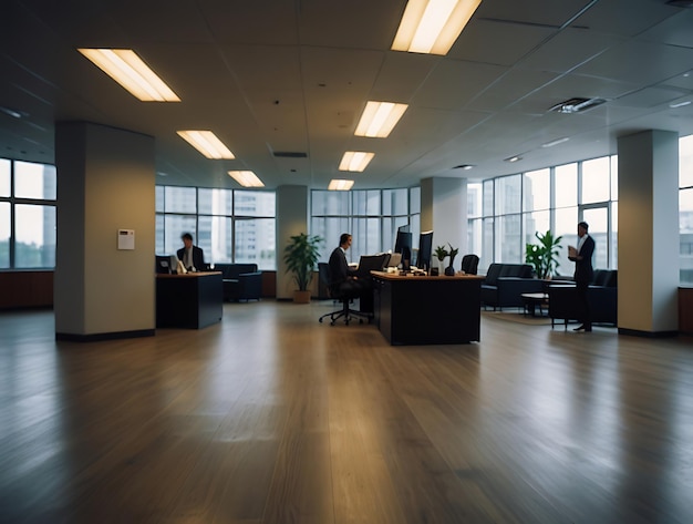 a large office with a desk and two men in the middle of the room