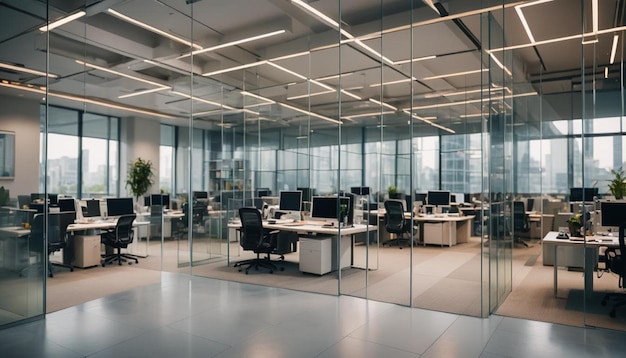 a large office with a glass wall that says quot no one quot