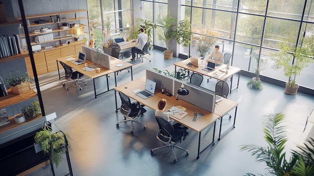 a large office with a large window that has a plant in it