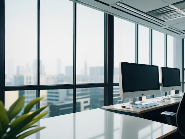 a large office with a large window that has a view of cityscape in the background