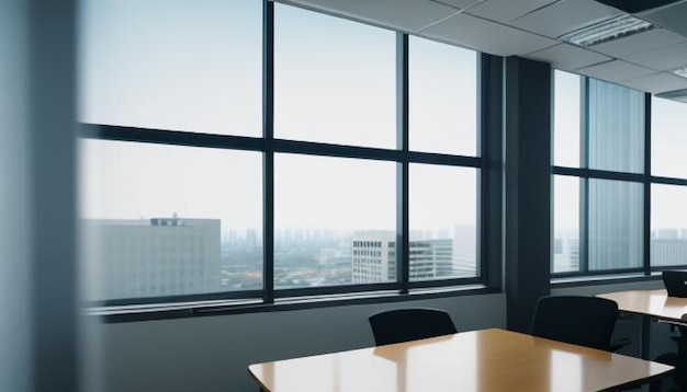 a large office with a large window that says quot no one is sitting in a chair quot