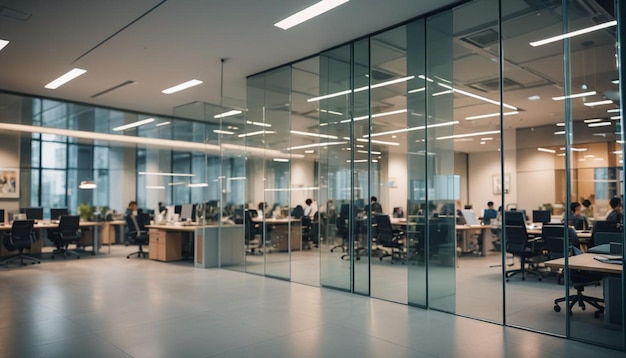 a large office with people working in the background