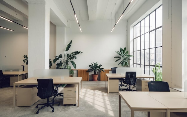 a large office with plants and a large window