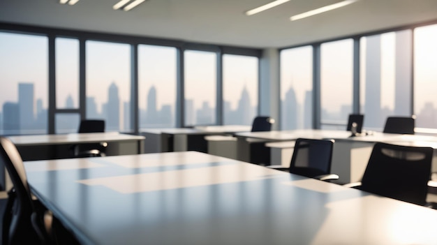 a large office with a skyline in the background