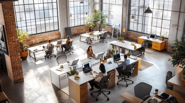 a large office with a tree in the middle of it