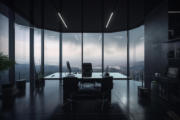 A large office with a view of the city in the background.