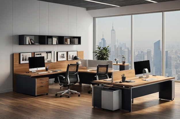 a large office with a view of the city skyline